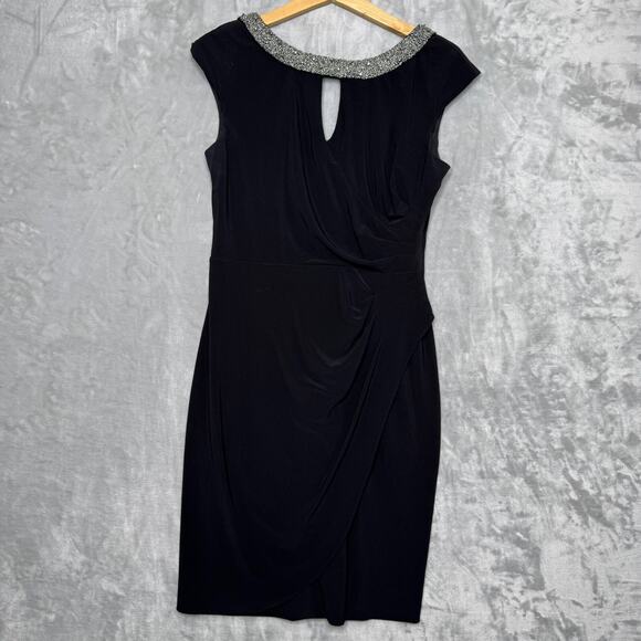 Alex Evenings Dress Womens 10 Black Knit Sheath Beaded Collar Backless Ruched - Picture 1 of 14